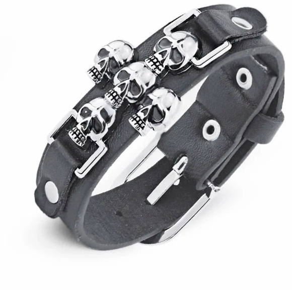 Skeleton Skull Punk Gothic Rock Leather Belt Buckle Bracelets For Men - Picture 4 of 5